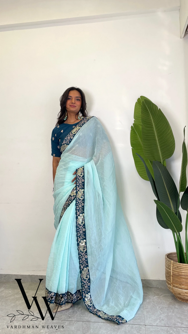 Aayushi Celestial Charm: Crunchy Space Silk Saree with Sequence Work