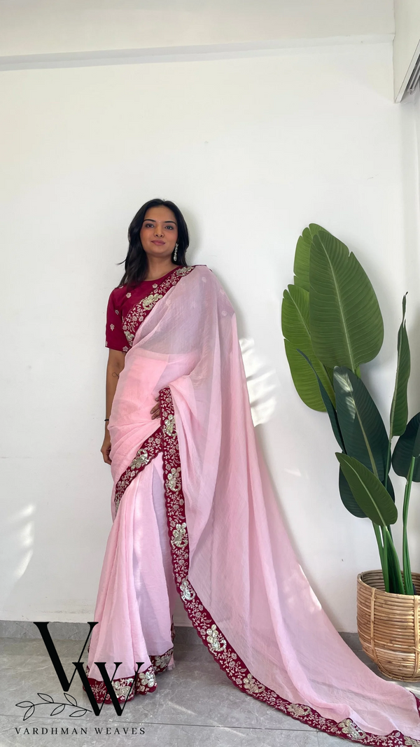 Simran Stellar Style: Hand Embroidered Crunchy Space Silk Saree