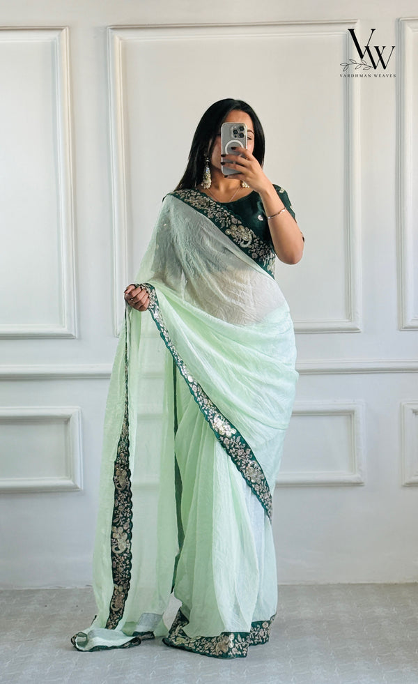 Aadhira Ethereal Elegance: Crunchy Space Silk Saree with Hand Embroidery