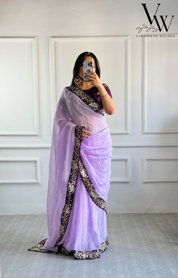 Aashi Lavender Crunchy Chic: Space Silk Saree with Embroidery Work Blouse